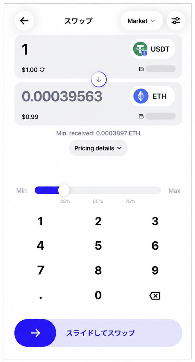 Trust Walletで1 USDTを入力し、ETHの交換予定数量とスライドしてスワップが表示された画面