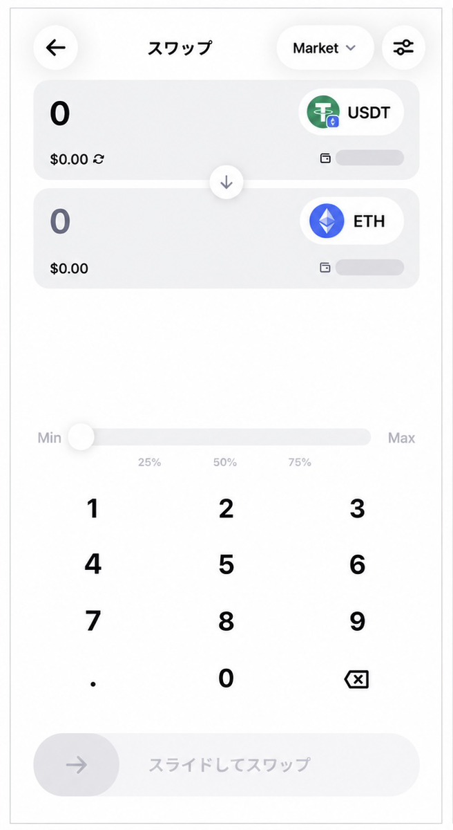 Trust Walletで交換元をUSDT、交換先をETHに設定したスワップ画面